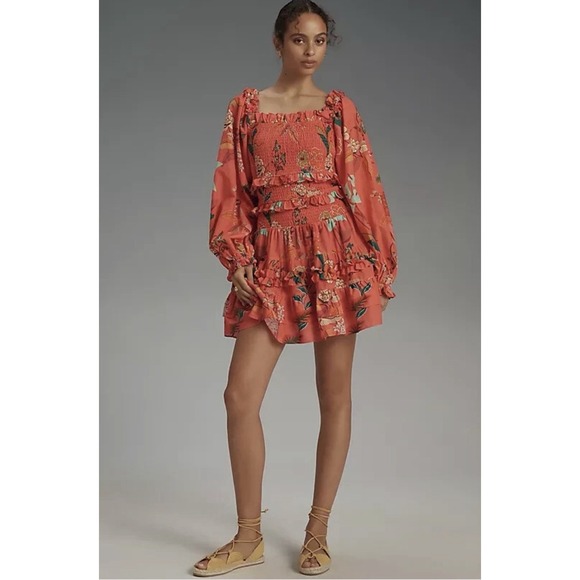 FARM Rio Dresses & Skirts - Farm Rio Smocked Ruffle Mini Dress M Coral Tropical Floral Puff Sleeve